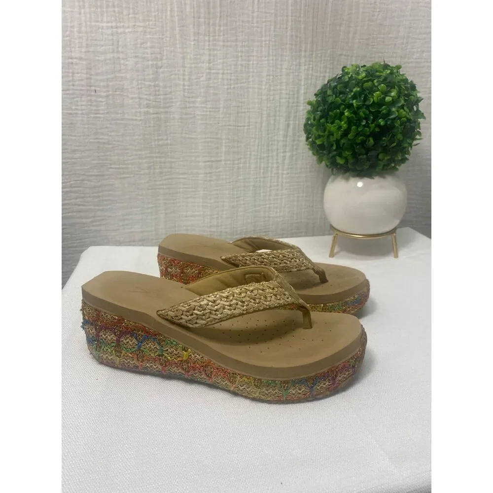 Volatile Wedge Flip Flop Sandals Women's Sz 9 Espadrilles Beige Multicolor Boho